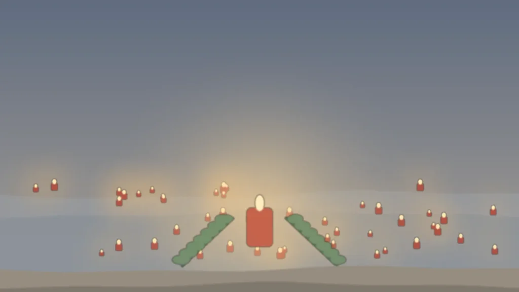 Viele kleine rote Grablichter leuchten in blaugrauer Dämmerung, vorn ein größeres Licht zwischen zwei grünen Zweigen