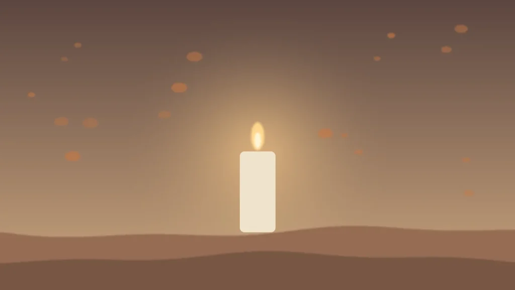 Abstrakte Grafik: eine Kerze mit warmem Lichtschein und fallenden Herbstblättern in Sand- und Kupfertönen